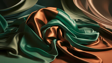 Poster - 3D Render of a Luxurious Abstract Design Featuring a Vibrant Gradient of Green and Brown Silk Satin - Digital Art