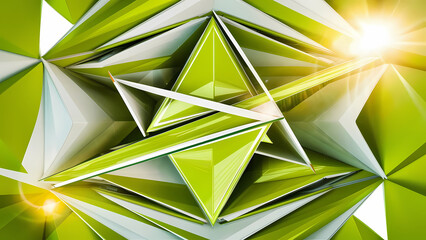 Poster - An Abstract Background Featuring a Lime Green, Yellow, and White Triangle Mosaic, With Sharp Lines and Angles Creating a Sense of Depth - Digital Art