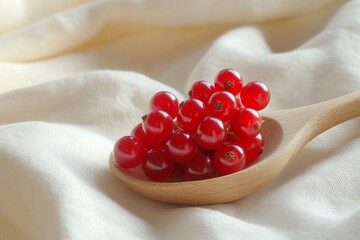 Sticker - A minimalistic stock photo featuring a wooden spoon filled with bright red currants on a soft, light-colored fabric