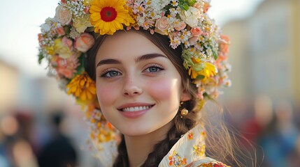 Smiling Young Woman Wearing Floral Crown at Cultural Festival in Vibrant Outdoor Setting During Daytime