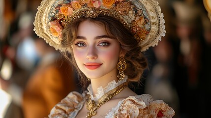 Wall Mural - Elegant Young Woman in Historical Attire Wearing Floral Hat at a Cultural Festival in a Vibrant Outdoor Setting During Daytime