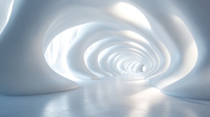 Wall Mural - A futuristic, abstract hallway with smooth, flowing white walls illuminated by soft light