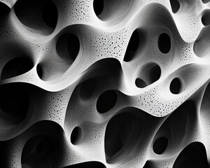 Aufkleber - Close-up of a black and white porous organic texture with round holes and smooth curves, symbolizing modern art, abstract design, and fluid, flowing patterns.