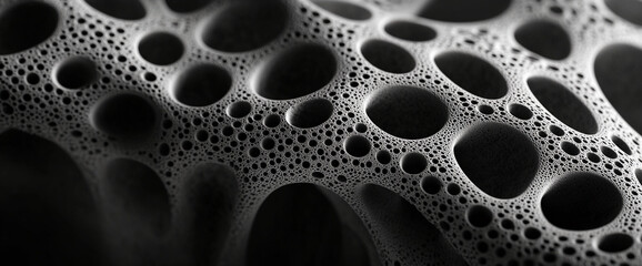 Poster - Close-up of a porous surface with intricate patterns and small holes, showcasing an abstract texture that represents the concept of complexity, structure, and natural design.