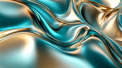 Close-up of teal and gold shiny flowing fabric creating smooth curves and folds, representing fluidity, motion, and luxury in modern abstract design.