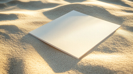 Poster - A blank sheet of paper resting on soft, sandy terrain, symbolizing potential for writing, creativity, and inspiration in a tranquil, natural setting.