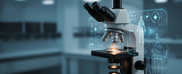 Poster - Advanced microscope with holographic medical interface in futuristic laboratory. Digital health technology for scientific research and diagnosis in modern medicine.