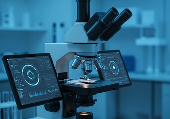Poster - Advanced microscope with digital displays in futuristic laboratory. Innovative medical research technology for scientific analysis and discovery in healthcare