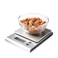 Wall Mural - Electronic kitchen scale with almonds isolated on white