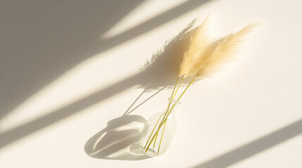 Wall Mural - Sunlit pampas grass in glass vase, casting shadows on a clean, pale surface.