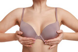 Woman wearing beautiful bra on white background, closeup