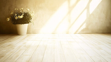 Wall Mural - A potted daisy plant sits beside a wall with sunlight patterns on a wooden floor.