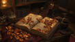 © watz - Autumn leaves adorn an open, aged book of sheet music, illuminated by a warm, inviting light in a wood-filled room.