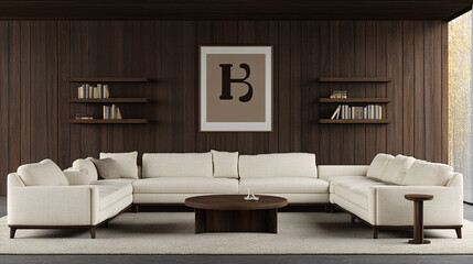 Wall Mural - Warm, modern living room featuring a sectional sofa, dark wood paneling, and minimalist shelving.