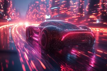 Wall Mural - futuristic drone racing arena with neon light trails holographic projections and dynamic architectural elements in cyberpunk style