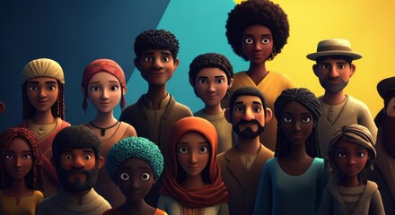 Diverse group of animated characters with unique hairstyles and expressions