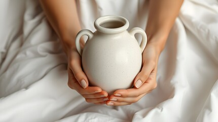 close up of two hands holding minimalist ceramic vase with handles