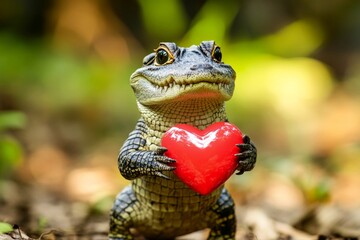 Wall Mural - Crocodile - my cherished animal. Promotion animal concept visual layout art. Cute crocodile baby with diamond red heart on in a natural habitat. Affectionate animal pair. Sweet animal romance.