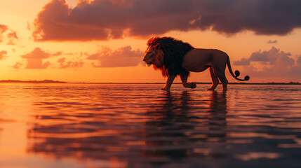 Aufkleber - A majestic lion walking across the water during sunset, with the golden and orange hues reflecting on the surface, symbolizing strength, nature, and freedom in the wild.