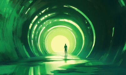 Wall Mural - A green, abstract tunnel featuring concentric circles, leading to a luminous light.