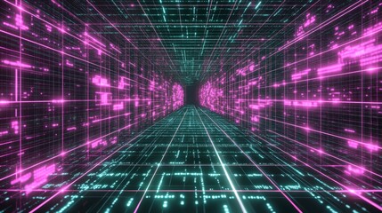 Poster - Grid flowing cyberspace digital realm background design virtual environment futuristic viewpoint technology concept