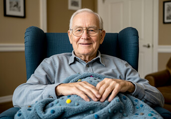 Elderly man sitting in blue armchair with blanket senior portrait. Senior man relaxing in cozy living room at home. Elderly man with glasses smiles in his chair