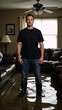 © Pixel Matrix - Man in waders stands amidst flooded living room with damaged furnishings dramatic lighting highlights resilience