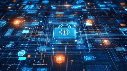 Poster - Unlocking digital security a hovering lock above a grid of floating decab virtual world digital art futuristic perspective cybersecurity concept