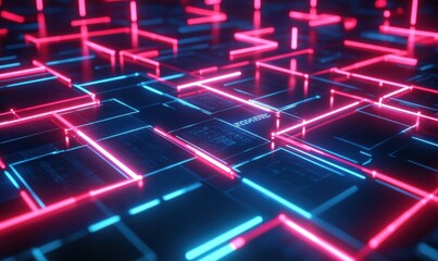 Wall Mural - Assorted microchips arranged in a grid pattern, glowing neon red and blue lines connecting them, futuristic electronic technology concept, fine details