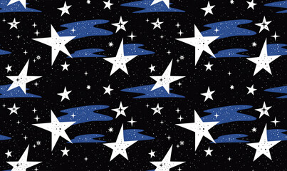 Aufkleber - seamless pattern of white stars and blue trails on black background, creating cosmic and whimsical d