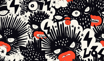 Aufkleber - dynamic and bold illustration featuring abstract faces with expressive eyes and mouths, surrounded by lightning bolts and stars in black, white, and red color scheme