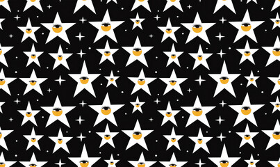 Aufkleber - seamless boho pattern featuring white stars with eyes on black background, interspersed with small s