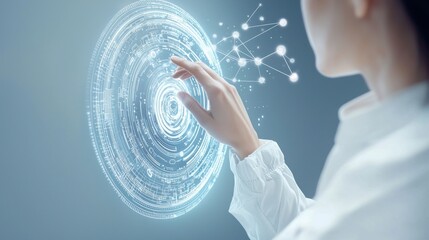 Fototapete - Businesswoman Interacting with Futuristic Virtual Touchscreen Interface