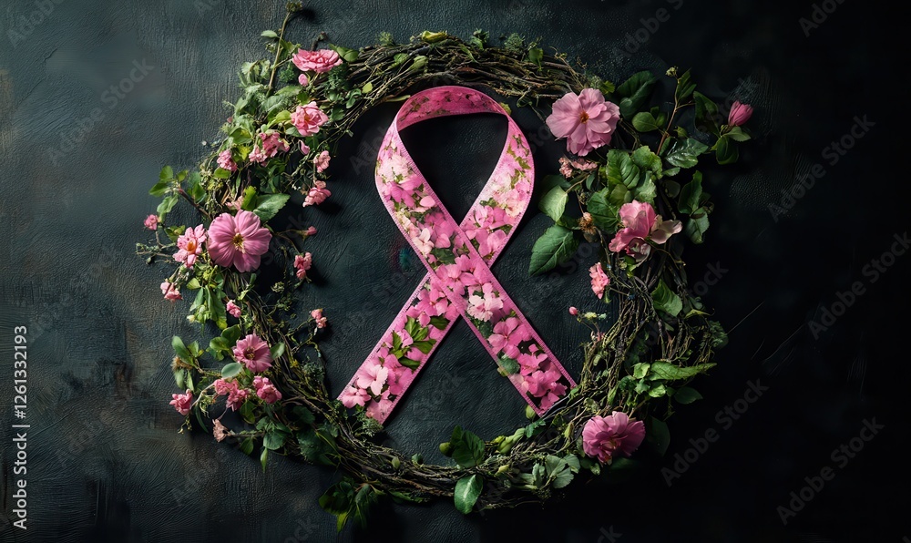 Artistic portrayal of a breast cancer awareness ribbon woven with ...