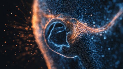 Abstract particle flow, dynamic energy form, dark background, glowing lines