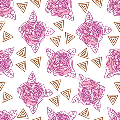 Wall Mural - linear art seamless pattern with flowers and geometric shapes. lilac,pink and brown colors on white 