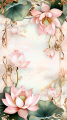 Poster - Illustration of pink lotus flowers surrounded by leaves, set against a soft pastel background, symbolizing beauty, purity, and tranquility.