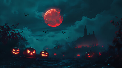 Wall Mural - Spooky halloween night with glowing jack-o'-lanterns under a blood moon and bats in the dark sky. Blood Moon Rituals. Illustration