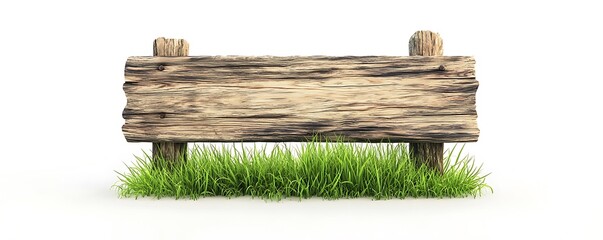natural wooden signboard with fresh green grass underneath, isolated on a smooth white backdrop, ren