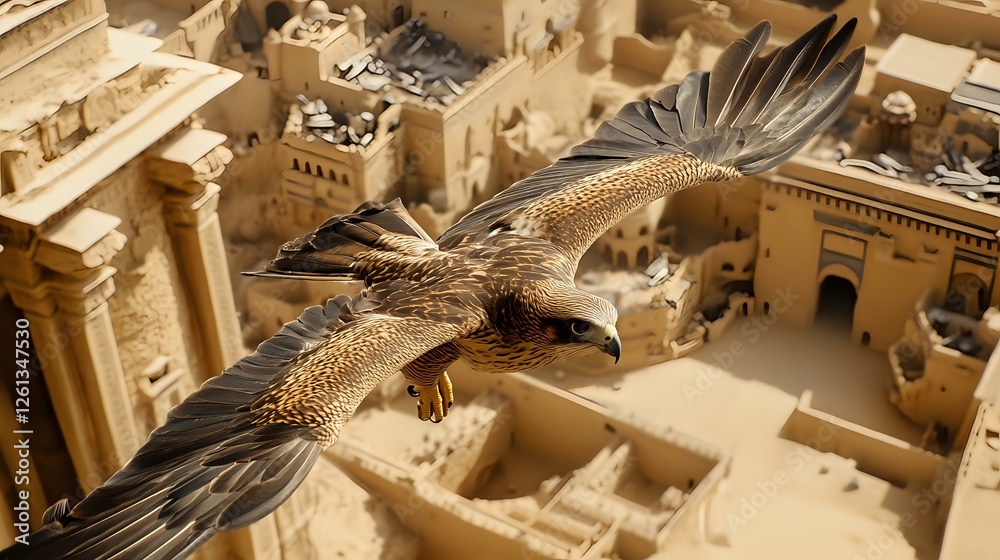 Majestic eagle soaring over ancient Middle Eastern architecture with ...