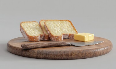 Wooden serving board filled with freshly baked bread slices, paired with butter and a rustic knife for a wholesome breakfast setup