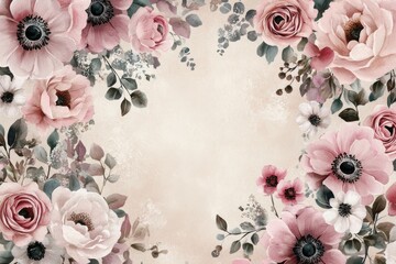 Wall Mural - A pink watercolor splash background adorned with a line drawing of a peony