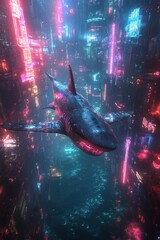 Wall Mural - Shark swims futuristic city rain neon lights