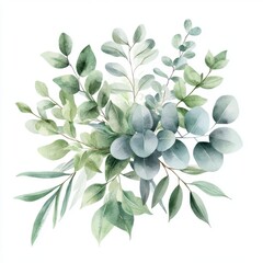 Wall Mural - A collection of watercolor floral illustrations with green leaf branches, ideal for wedding invitations, greetings, wallpapers, fashion designs, and backgrounds, showcasing eucalyptus, olive, and