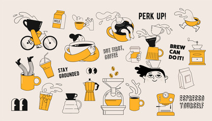 collection of coffee illustrations and icons. cafe and coffeeshop design. concept characters with co