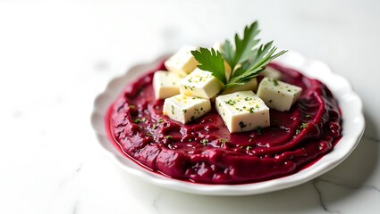 Wall Mural - Rich beet puree topped with fresh herbs and cheese cubes served on a plate