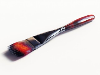 A paintbrush with a wide, flat bristle head transitioning from red to white, displayed against a simple white background, and equipped with a wooden handle for a firm painting grip