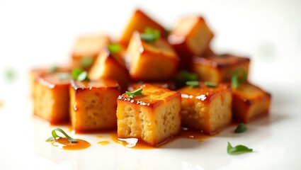 Wall Mural - Deliciously glazed tofu cubes garnished with fresh green onions on a white plate