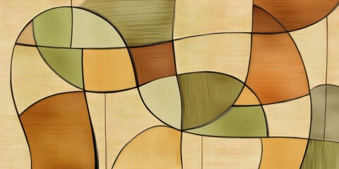 Poster - Abstract painting blending organic green, brown, and beige shapes, interweaving in complex geometric composition with fluid interconnected lines