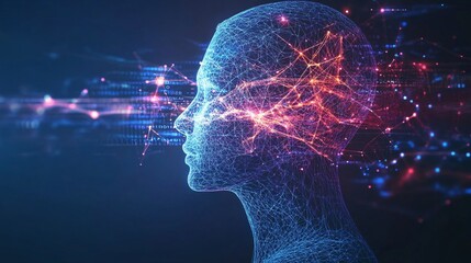 Poster - Abstract Digital Human Head Network Connections Artificial Intelligence Technology Concept Futuristic Data Visualization Blue Red Gradient Mesh Design